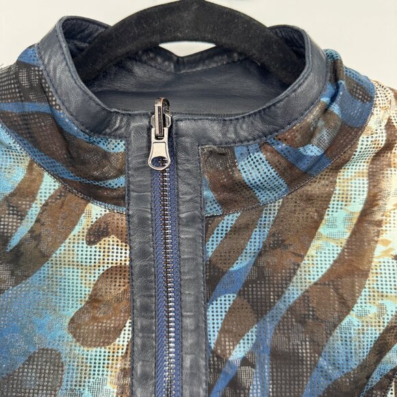 Populer Woman's Mosaic Blue Reversible Leather Jacket woman’s size Large - Picture 11 of 14